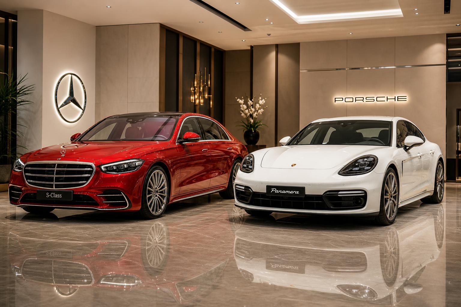 Premium red and white luxury sedans in Red&White Rentals showroom